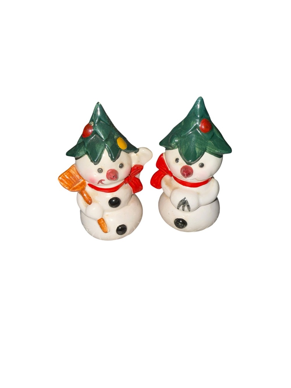 Vintage salt and pepper snowmen with Christmas tree hats